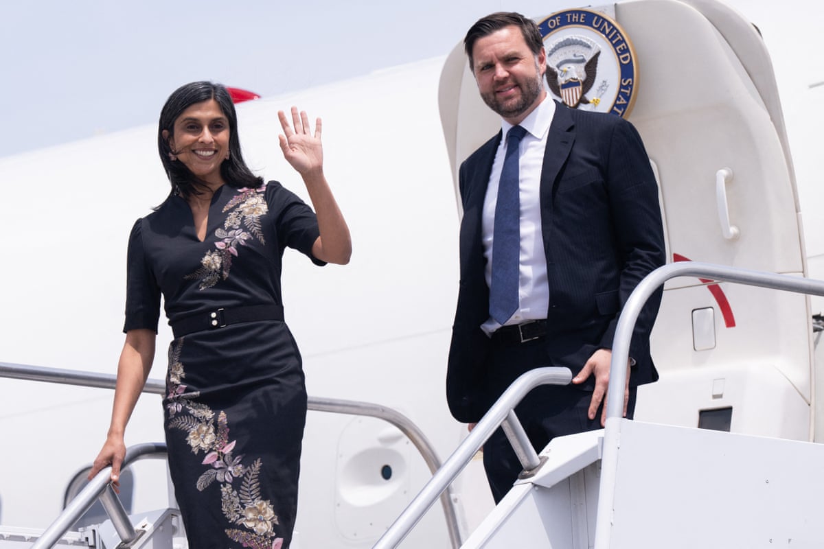 D Vance and Usha Vance exit Air Force Two upon arrival at Wilkes-Barre Scranton airport in Avoca, Pennsylvania, on 16 July 2025.
