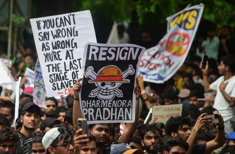 Protesters gather as they take part in a demonstration organised by the Cockroach Janta Party (CJP) at Jantar Mantar during the opening day of Parliament's Monsoon Session on July 20, 2026 in New Delhi, India.