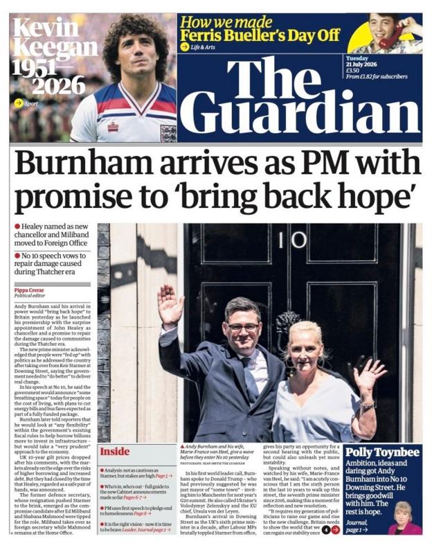 The headline on the front page of reads: “Burnham arrives as PM with promise to 'bring back hope'”.