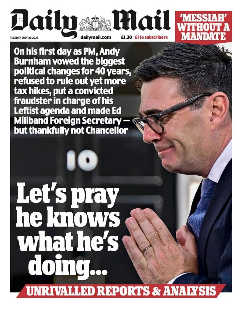 The headline on the front page of the Daily Mail reads: “Let's pray he knows what he's doing...”.