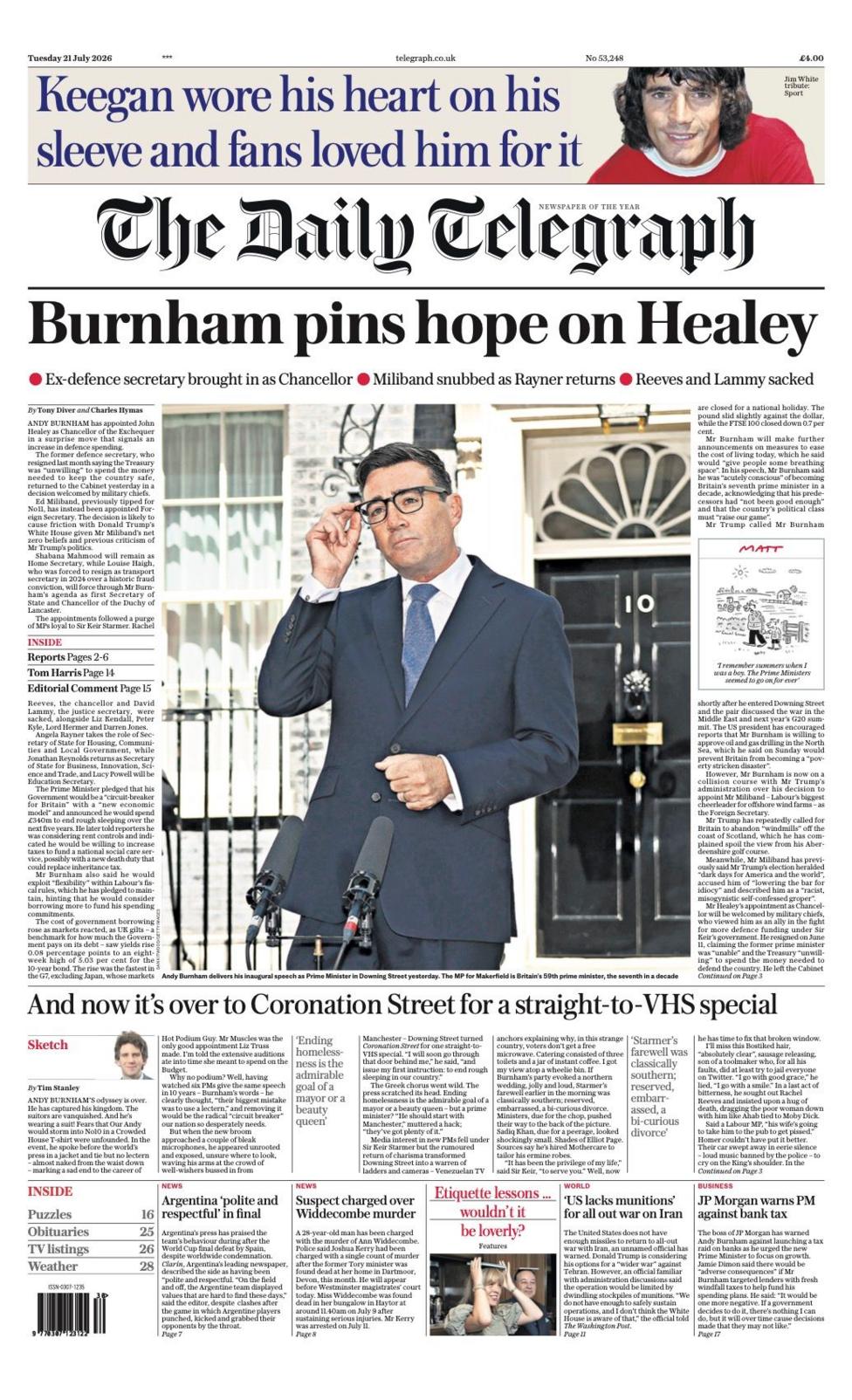 The headline on the front page of the Daily Telegraph reads: “Burnham pins hope on Healey”.