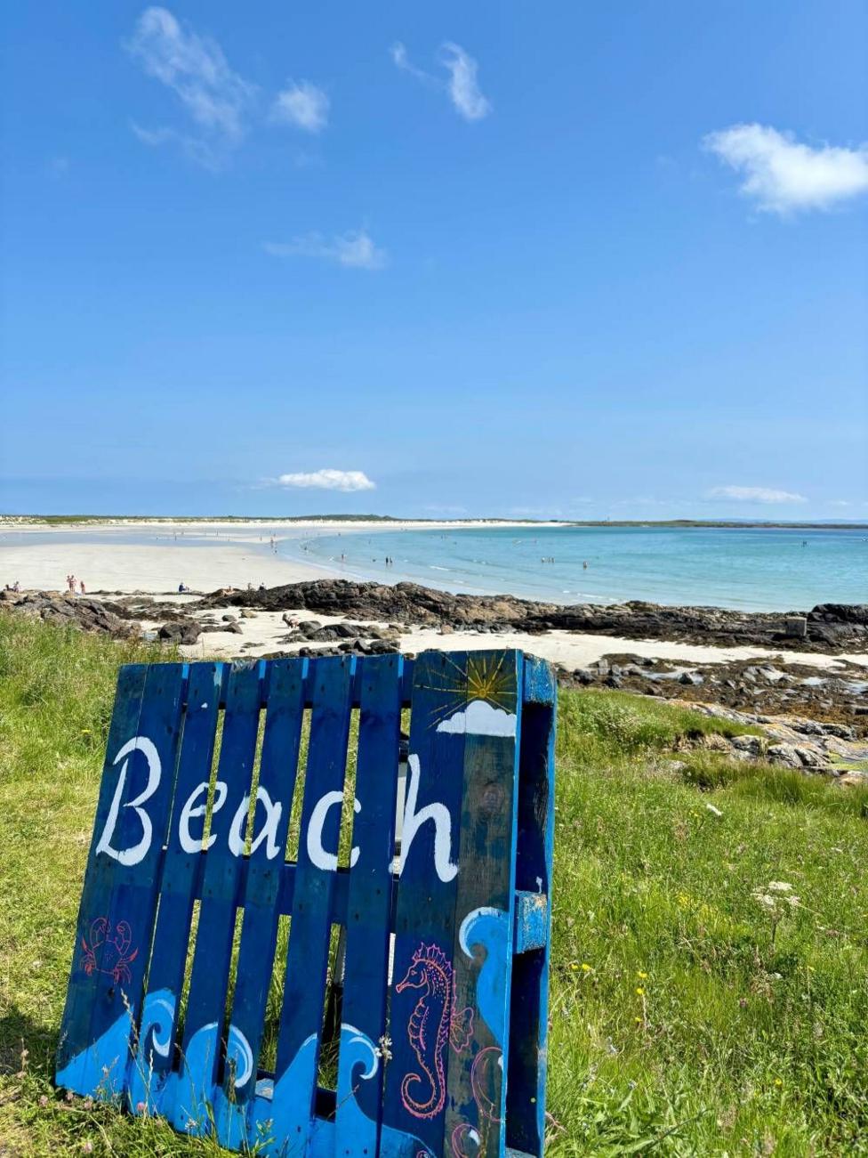 Blue sign with the word beach painted on it standing above a bright summer shoreline.