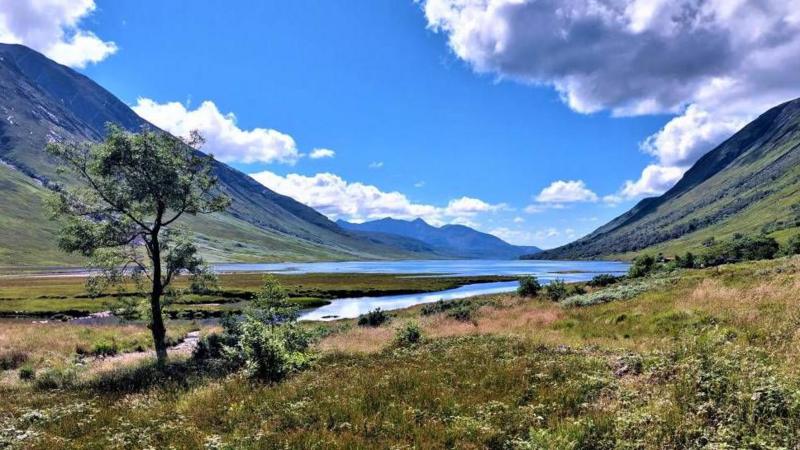 Mountain valley with a winding river beneath blue skies.