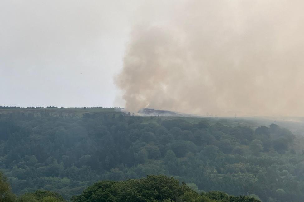 Smoke billowing from fire on top of mountain seen from a distance over woodland