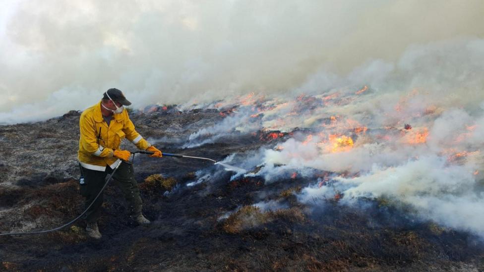 a man uses a water hose to dampen down flames on a hillside