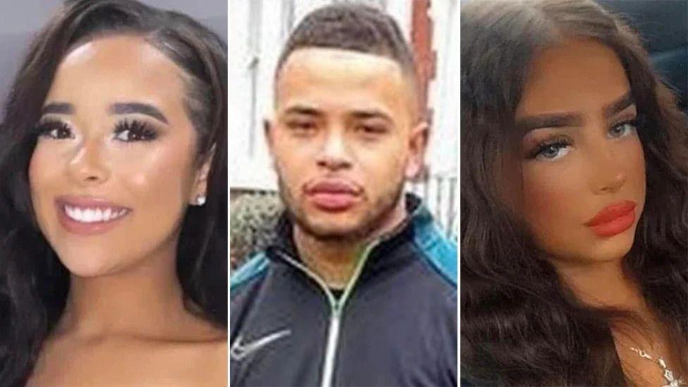 Three pictures of young people in a compilation, side by side. On the left and right are young girls with long dark, wavy hair. In the middle is a young man with short brown hair and facial hair, wearing a navy and blue Nike jacket.