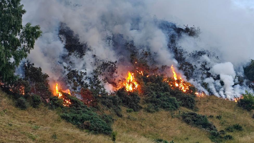Burning vegetation on the side of Arthur's Seat. There are orange flames and plumes of smoke.
