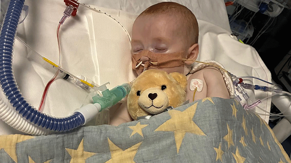 Baby asleep in hospital bed surrounded by tubes and wires - and a teddy bear
