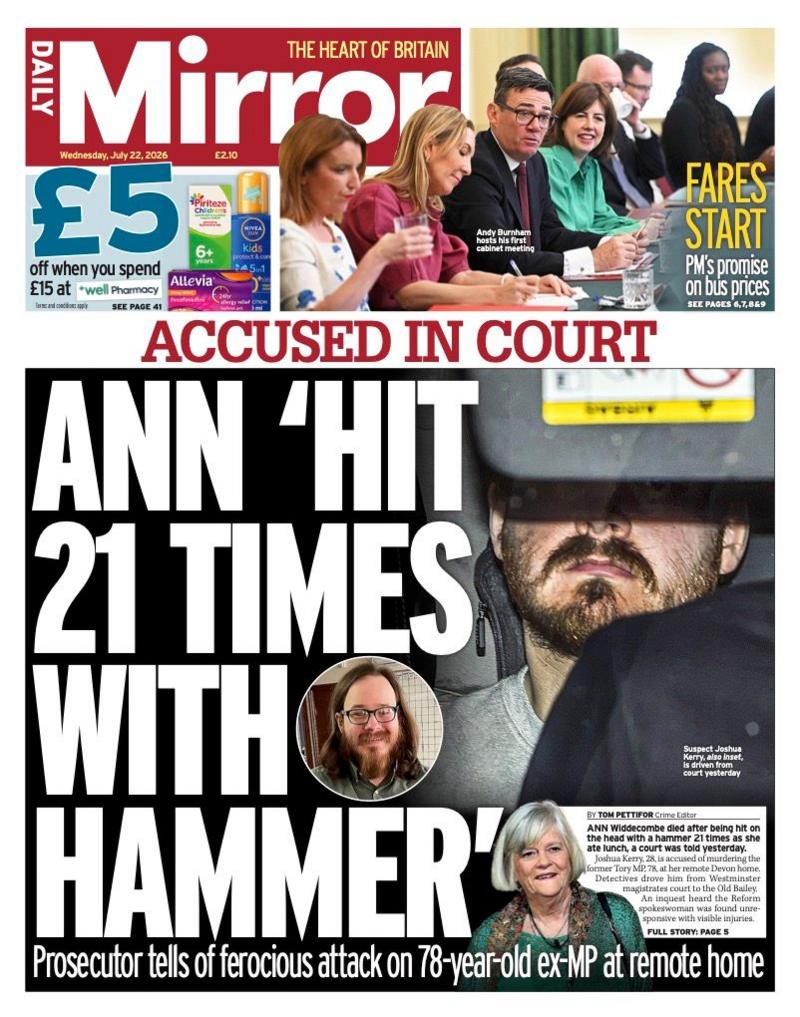 The headline on the front page of the Mirror reads: “Ann 'hit 21 times with hammer'”.