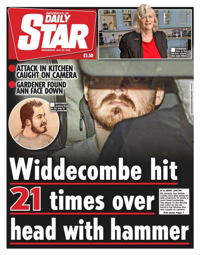 The headline on the front page of the Daily Star reads: “Widdecombe hit 21 times with hammer”.