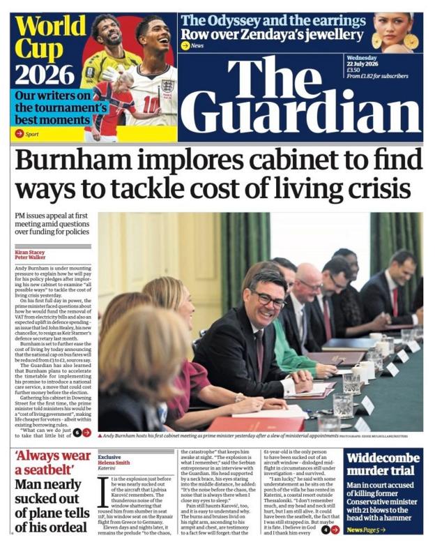 The headline on the front page of reads: “Burnham implores cabinet to find ways to tackle cost of living crisis”.