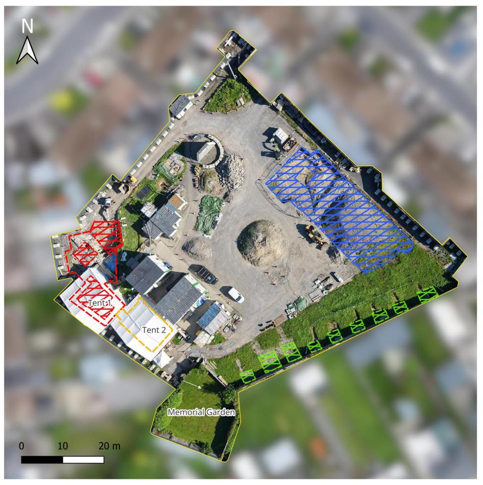 A map showing an excavation site. There are a number of areas highlighted, including 'Tent 1' and 'Tent 2'.