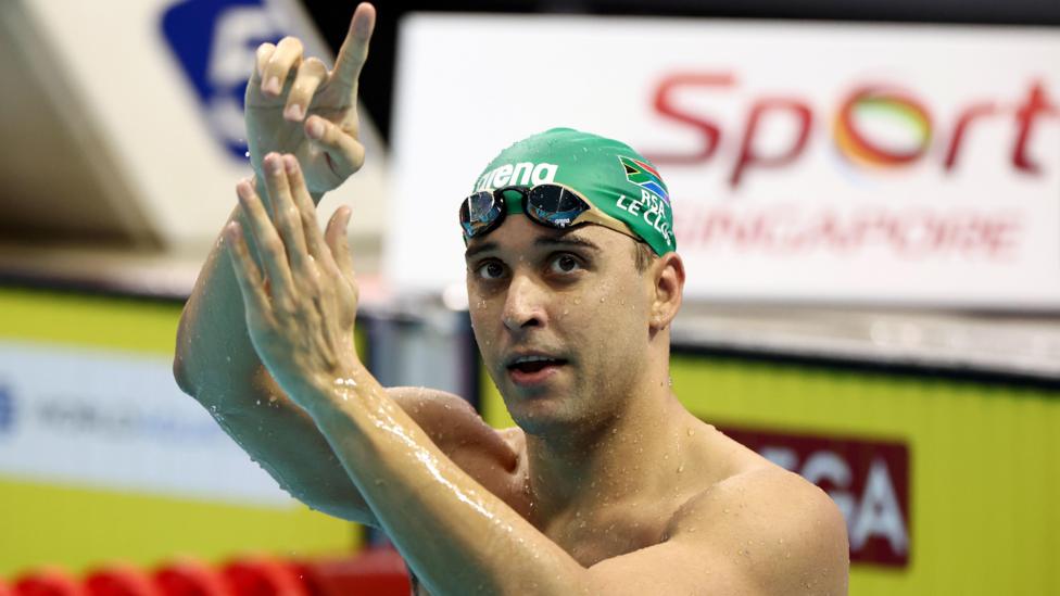 Chad le Clos of South Africa celebrates after winning the men’s 200m butterfly final during day two of the World Aquatics Swimming 2024 World Cup in Singapore.