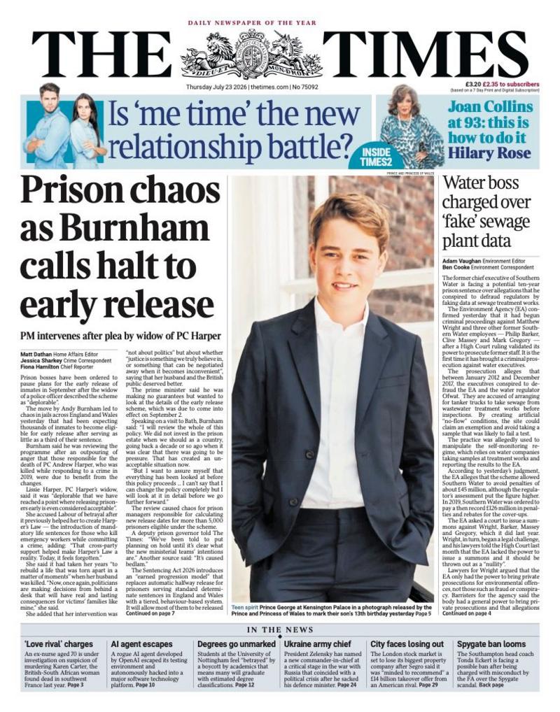 The headline on the front page of the Times reads: “Prison chaos as Burnham calls halt to early release”.