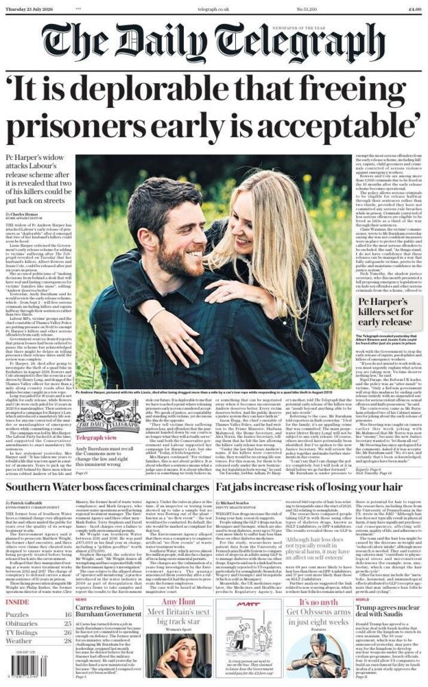 The headline on the front page of the Telegraph reads: “It is deplorable that freeing prisoners early is acceptable”.