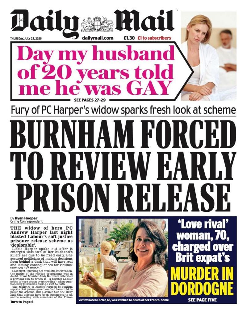 The headline on the front page of the Daily Mail reads: “Burnham forced to review early prison release”.