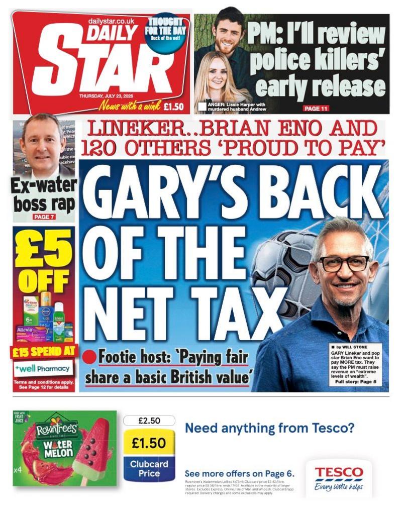 The headline on the front page of the Daily Star reads: “Gary's back of the net tax”.
