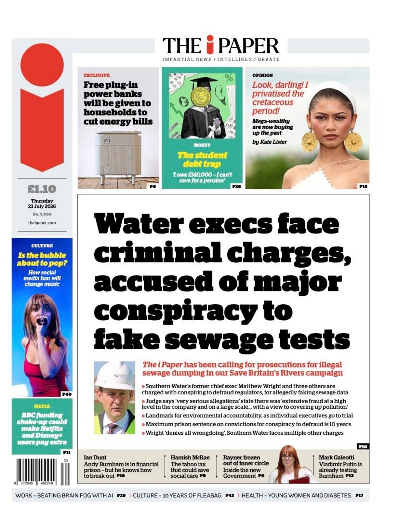 The headline on the front page of the i Paper reads: “Water execs face criminal charges, accused of major conspiracy to fake sewage tests”.