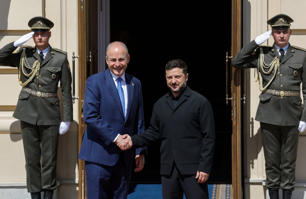 Ukraine's president Volodymyr Zelenskyy welcomes Ireland's taoiseach Micheál Martin ahead of their meeting in Kyiv, Ukraine.