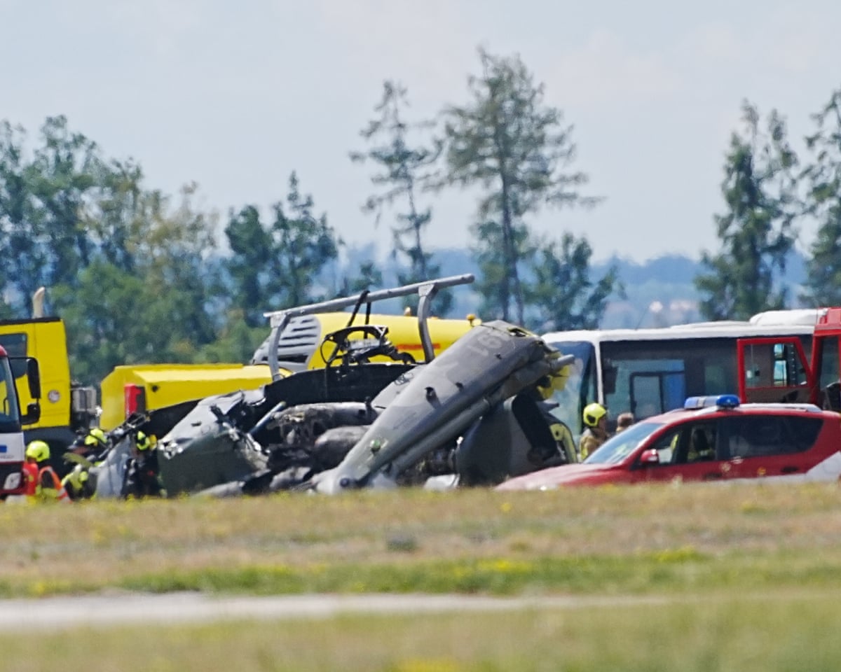 Rescuers respond at the scene of a Venom helicopter crash with five soldiers on board, at the 22nd Helicopter Air Force Base in Náměšť nad Oslavou, Czech Republic.
