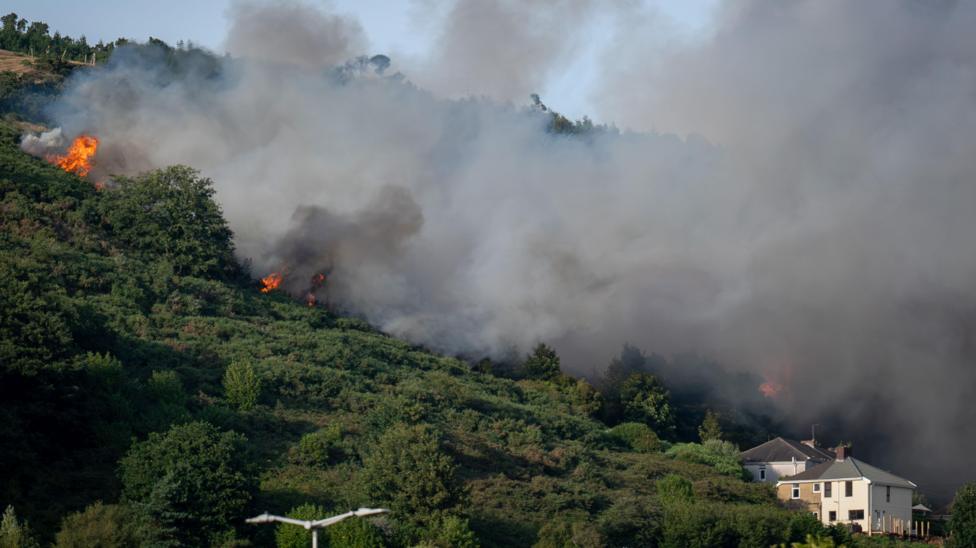 A hillside with a line of smoke and flames visible. The hill is covered in vegetation, with two houses visible at the bottom of the hill. 