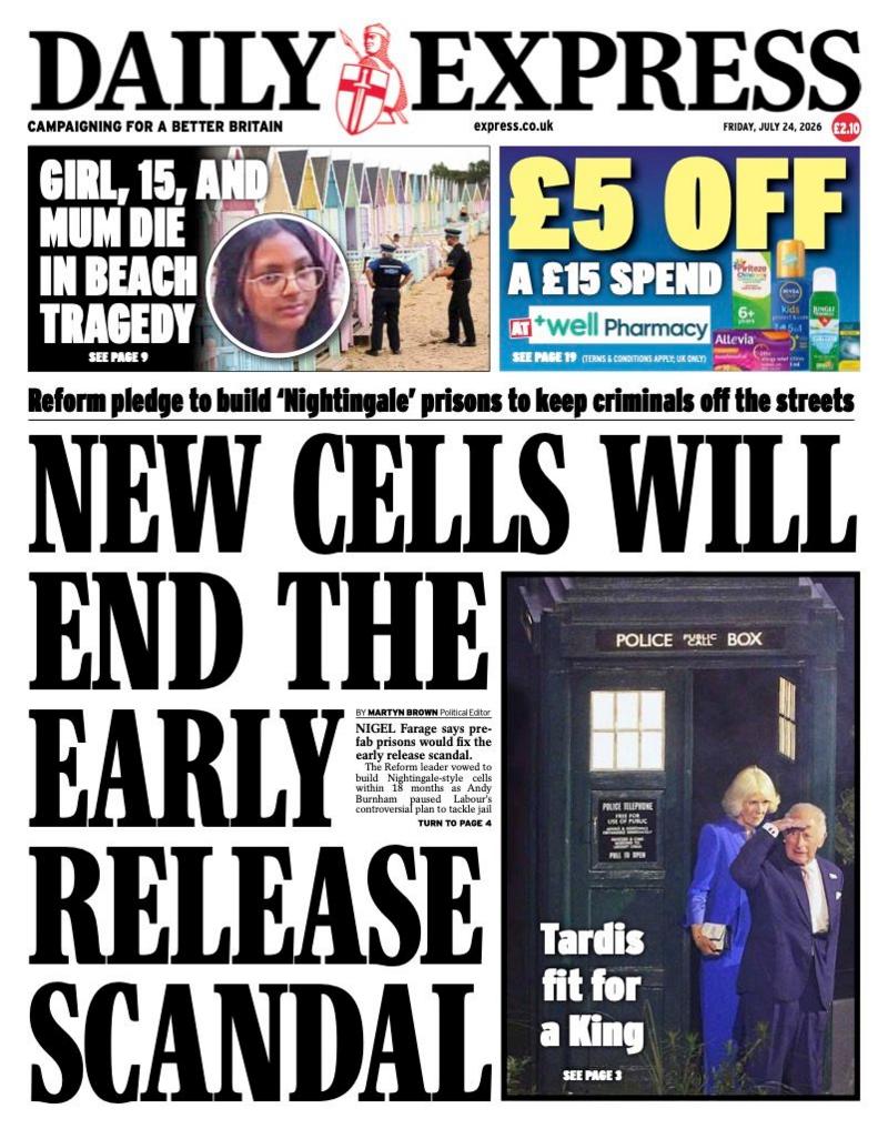 The headline on the front page of the Daily Express reads: “New cells will end the early release scandal”.