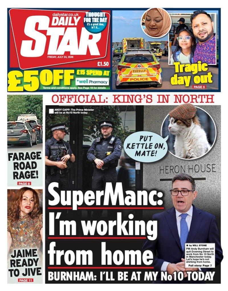 The headline on the front page of the Daily Star reads: “SuperManc: I'm working from home”.