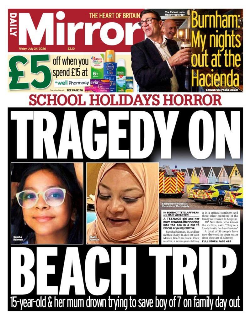 The headline on the front page of the Daily Mirror reads: “Tragedy on beach trip