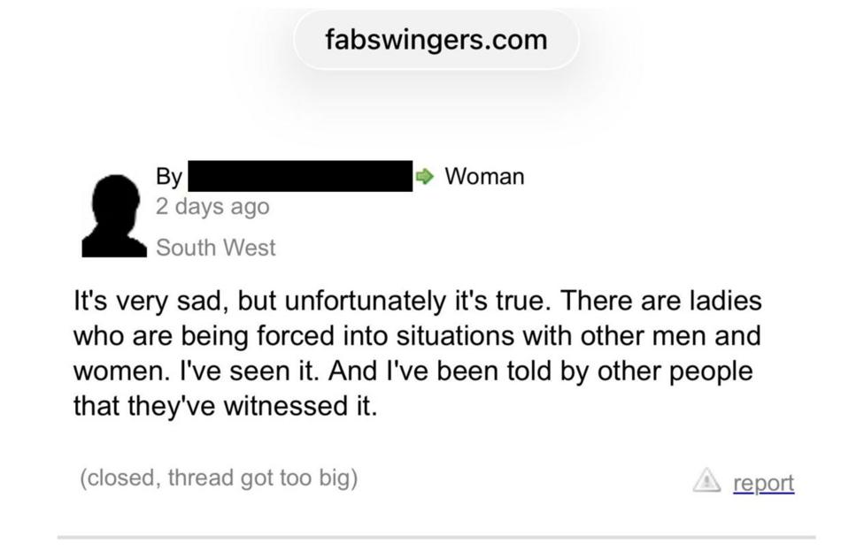 Screenshot of a discussion forum post on fabswingers website, post reads: