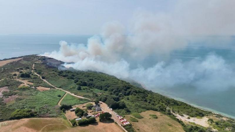 Aerial footage of heathland on fire on the Isle of Wight.