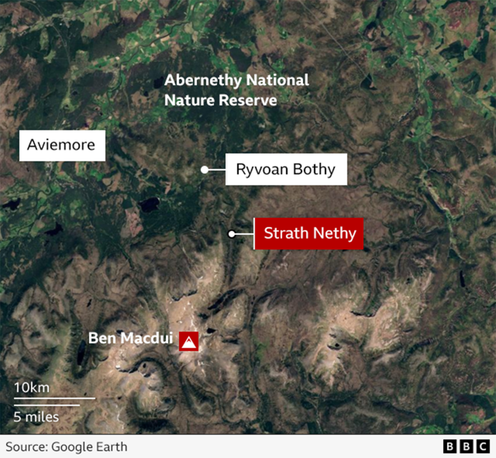Satellite map of the Cairngorms area in Scotland showing the locations of Strath Nethy and Ryvoan Bothy within and near Abernethy National Nature Reserve. Aviemore is marked to the west, and Ben Macdui is shown to the south. A scale indicates 10 km (5 miles). Source: Google Earth/BBC.