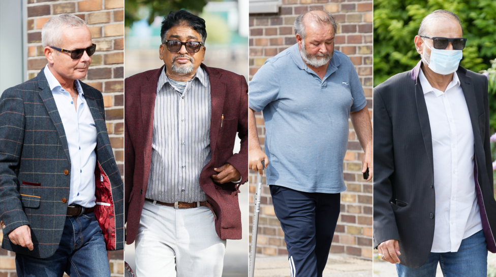 A composite image of four men outside court. The man on the far right wears a face mask, dark blazer and white shirt; the two on the left wear jackets and shirts; the remaining defendant wears a blue polo shirt.