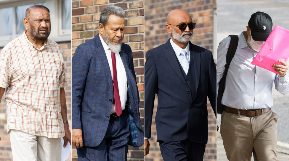 A composite image of four men outside court. The man on the far right wears a long-sleeved shirt and a face mask - he is covering his face with a folder. The middle two men are wearing shirts, ties and dark suit jackets; the man on the left wears a short-sleeve checked shirt.