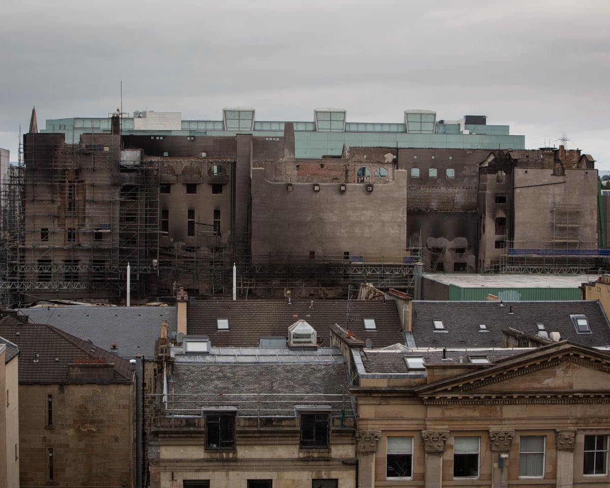 The Mackintosh building in July 2018, after a second fire caused extensive damage in June, with visible fire damage.