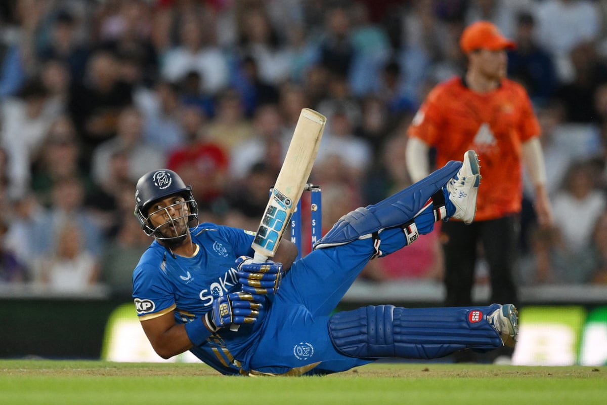 Nicholas Pooran of MI London falls to the ground as he hits out against SunRisers Leeds