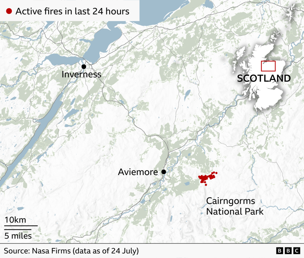A map of the Scottish Highlands, showing an area of red in Cairngorms National Park labelled