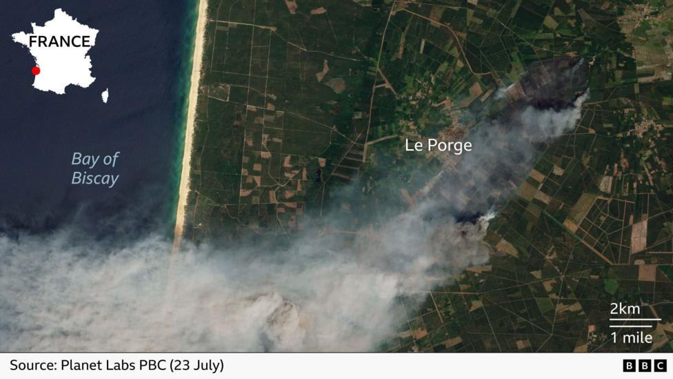 Satellite map showing the area of the fire near Cap Ferret