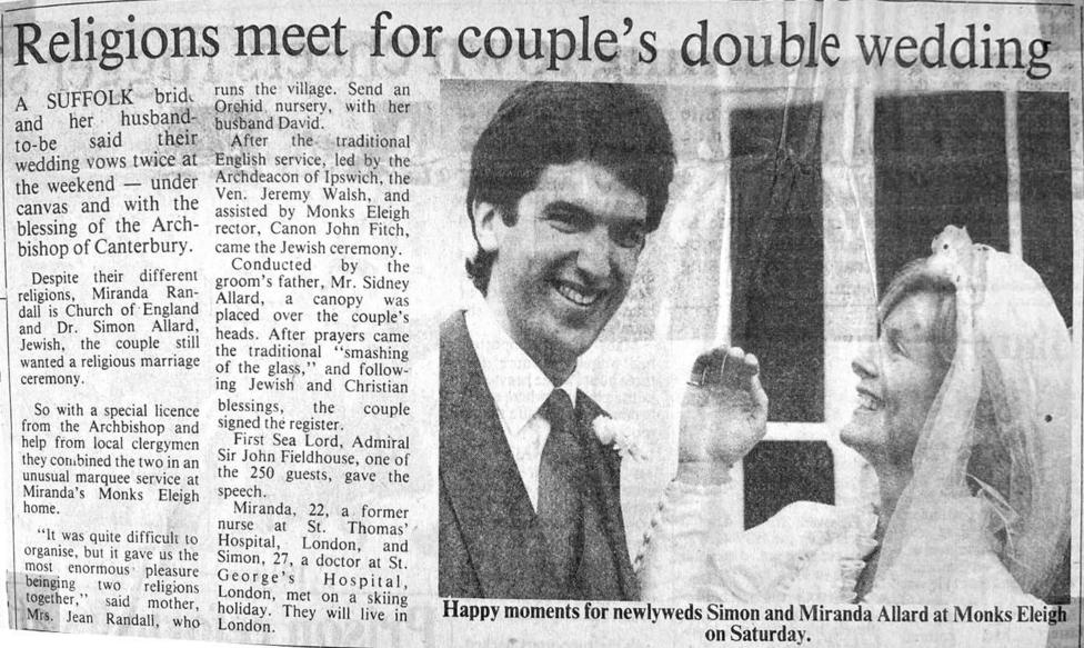 A newspaper clipping of an article about Miranda Allard's wedding