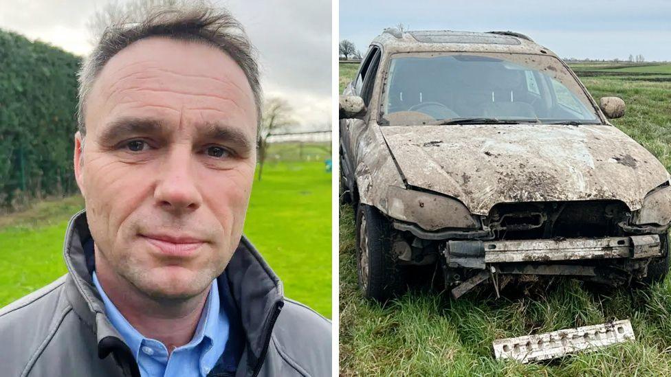 A split image showing Mathew Latta on the left, a man with short brown hair, wearing a raincoat over a blue collared shirt, standing in a green field by a hedge. On the right is a 4x4 in a field, which appears covered in dirt and scorch-marks, with the front grill having fallen off along with other damage.