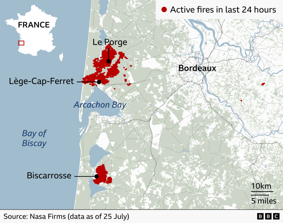 A map graphic showing the active fires in France