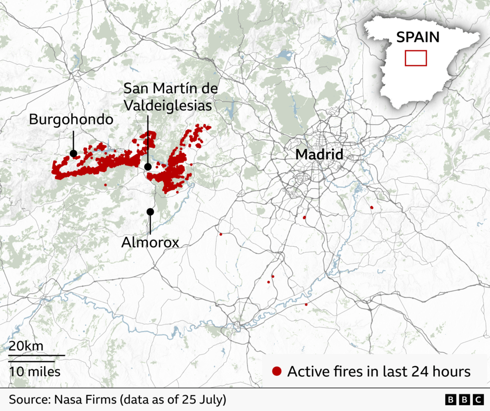 A map graphic showing the active fires in Spain