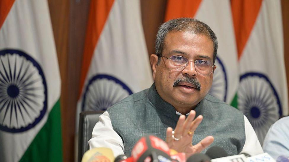 NEW DELHI, INDIA - MAY 15: Union Minister of Education Dharmendra Pradhan addresses a press conference at his residence following a week of national outrage over the NEET-UG 2026 paper leak on May 15, 2026 in New Delhi, India. The Minister announced the definitive timeline and major reforms for the medical entrance examination, emphasizing a zero-tolerance policy toward the education mafia. The National Testing Agency (NTA) will re-conduct the NEET-UG exam on June 21, 2026. The original May 3 exam was cancelled after the government confirmed that a guess paper circulating on social media matched the actual question paper. (Photo by Raj K Raj/Hindustan Times via )