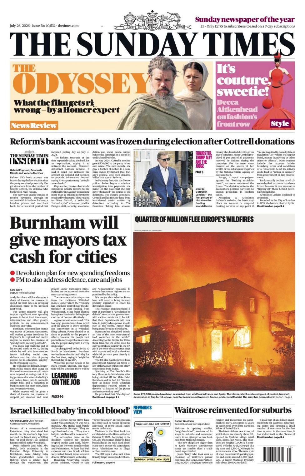 The headline on the front page of the Sunday Times reads: