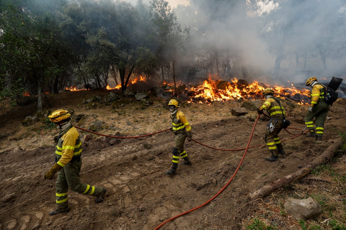 Firefighters battle a wildfire next to the La Atalaya neighbourhood in El Tiemblo, Madrid, Spain.