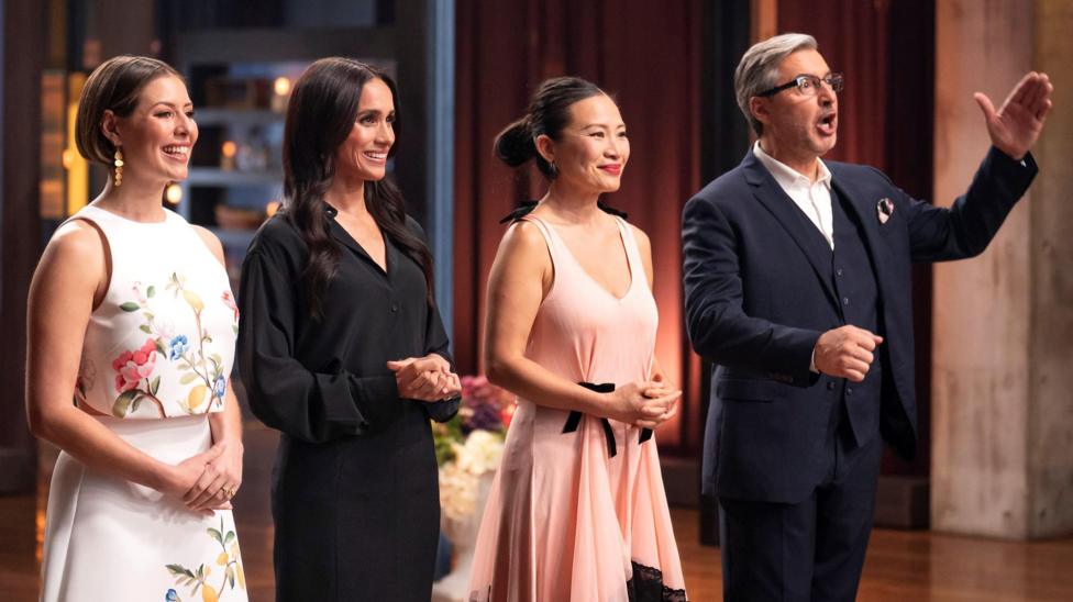 Meghan, Duchess of Sussex, during her appearance as a guest on MasterChef Australia. Also seen, are Judges Jean-Christophe Novelli, Poh Ling Yeow, and Sofia Levin