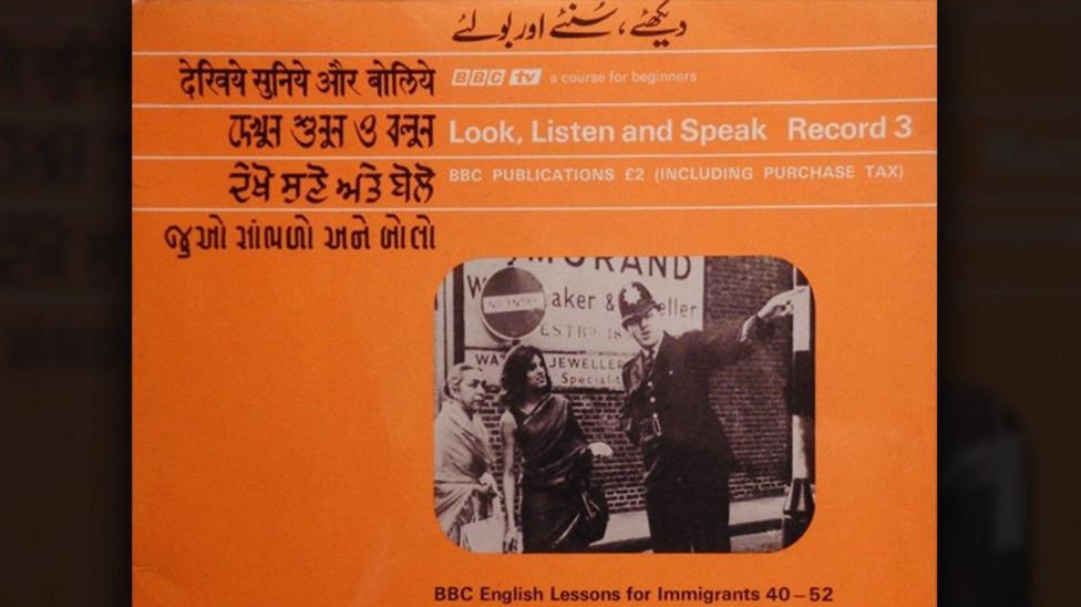 A bright orange LP cover shows the title Look, Listen and Speak in Bengali, English, Gujarati, Hindi, Punjabi and Urdu. This is an English language television course produced by the BBC in the late 1960s, designed to help South Asian immigrants learn basic English, adapt to British culture, and integrate into life in the UK. In the centre of the cover is a black‑and‑white photo of a police officer talking to two people on a street.