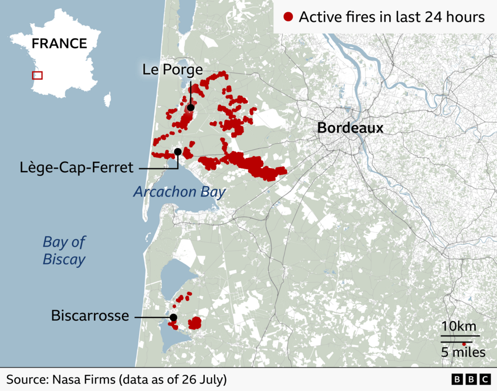 Map of south-west France showing active wildfires recorded in the last 24 hours. Large clusters of red dots mark fire activity around Arcachon Bay, concentrated to the south west of Bordeaux and between Lège-Cap-Ferret and Le Porge on the Atlantic coast. A second sizeable cluster is located near Biscarrosse to the south. Bordeaux is labelled inland to the east, while Arcachon Bay and the Bay of Biscay are labelled in blue along the coastline. An inset map of France in the top left highlights the location of the affected area.