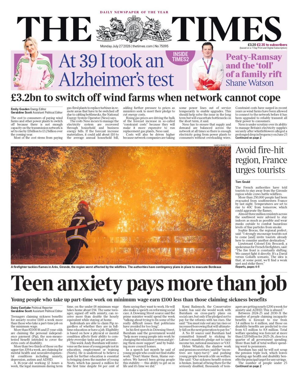 The headline on the front page of the Times reads: