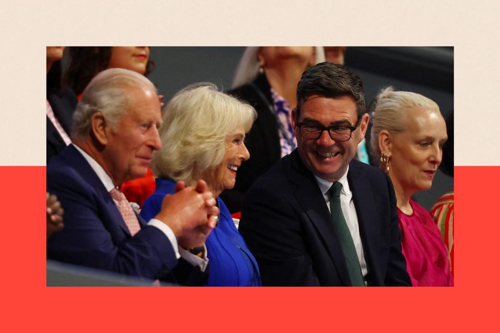Britain's King Charles, Queen Camilla, Prime Minister Andy Burnham and his wife Marie-France van Heel