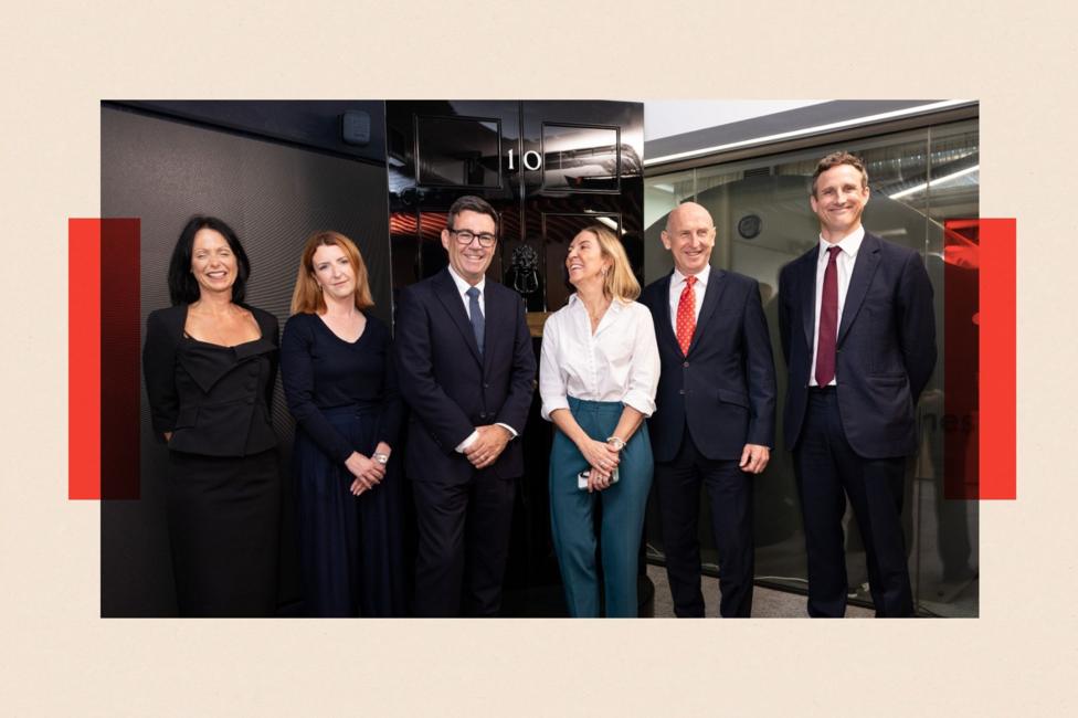 (left to right) Deputy Chief of Staff Caroline Simpson, Minister for the Cabinet Office Louise Haigh, Prime Minister Andy Burnham, Cabinet Secretary and head of the Civil Service Dame Antonia Romeo, Chancellor of the Exchequer John Healey and director-general for No 10 North Sam Lister